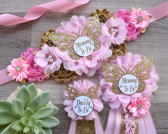 Pink Butterfly Baby Shower, Butterfly Maternity Belly Sash, Pink Gold Butterfly Mommy To Be Ribbon, Butterfly Daddy To Be Pin, Custom