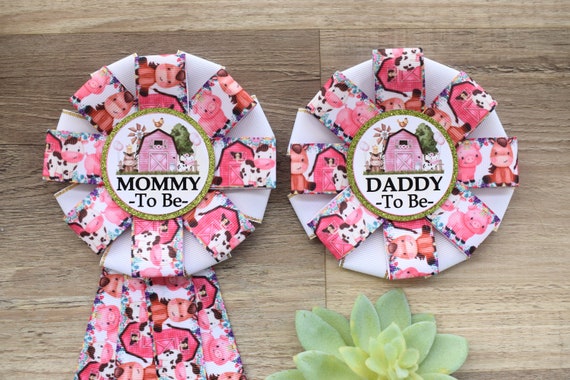 Farm Barn Animal Baby Shower, Cow Sheep Horse Mommy To Be Ribbon Pin, Daddy To Be Ribbon Pin