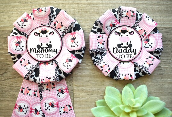 Pink Cow Baby Shower, Girl Cow Mommy To Be Ribbon Pin, Daddy To Be Pin, Pink Corsage Pin, Parent's To Be Pin
