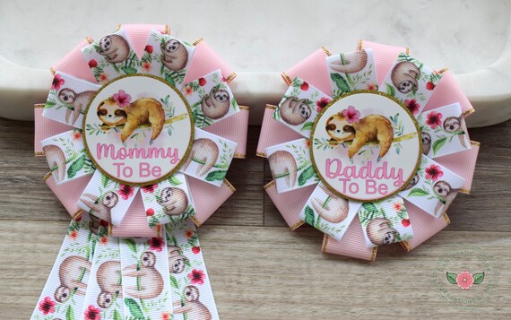 Girl Sloth Baby Shower, Sloth Mommy to Be Ribbon Pin, Sloth Baby Shower Pin, Sloth Greenery Daddy To Be Pin