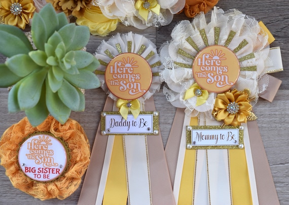 Here Come The Son Baby Shower, Neutral Yellow Ivory Maternity Sash, Mommy To Be Ribbon, Daddy To Be Pin, Gender Reveal, Here Come The Sun