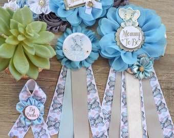 Boy Blue Elephant Baby Shower, Blue Grey Elephant Maternity Sash, Boy Mommy To Be Ribbon, Daddy To Be Pin, A Little Peanut Is On The Way!