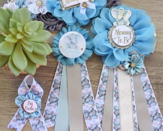 Boy Blue Elephant Baby Shower, Blue Grey Elephant Maternity Sash, Boy Mommy To Be Ribbon, Daddy To Be Pin, A Little Peanut Is On The Way!