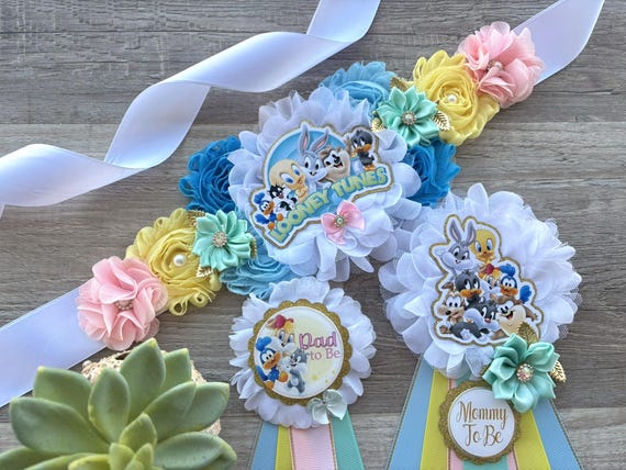Gender Reveal Looney Baby Shower Set, Blue Aqua Yellow Maternity Sash, Mommy To Be Pin, Daddy To Be Pin, Custom Order Welcome