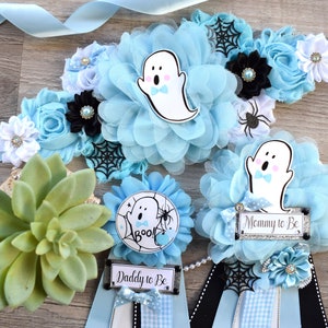 Boy Blue Ghost Halloween Baby Shower, Blue Maternity Sash, Mommy To Be Ribbon, Daddy To Be Pin, Halloween Baby Shower Gift, Custom