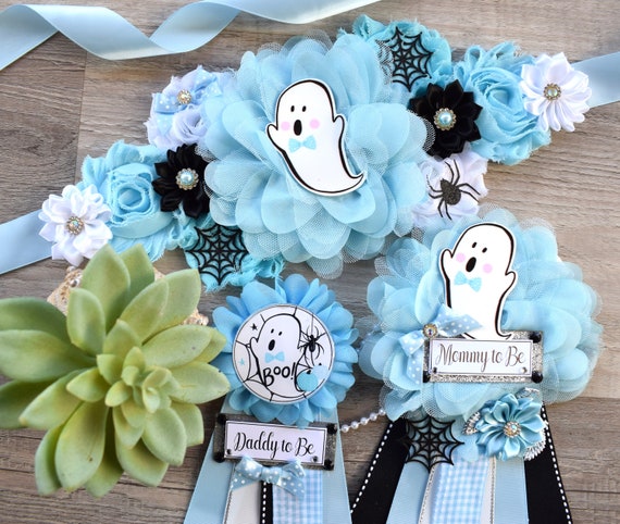 Boy Blue Ghost Halloween Baby Shower, Blue Maternity Sash, Mommy To Be Ribbon, Daddy To Be Pin, Halloween Baby Shower Gift, Custom