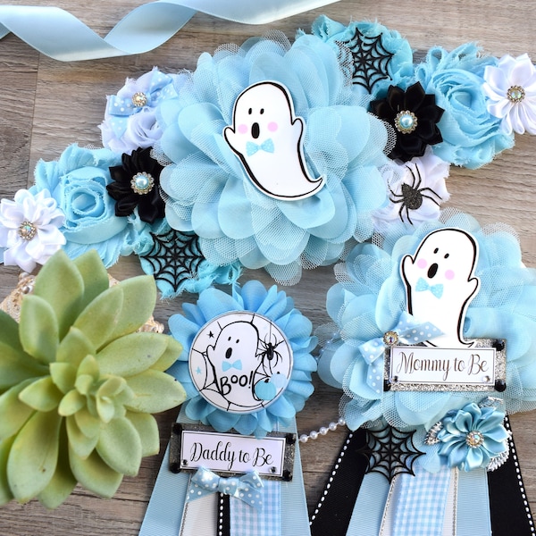 Boy Blue Ghost Halloween Baby Shower, Blue Maternity Sash, Mommy To Be Ribbon, Daddy To Be Pin, Halloween Baby Shower Gift, Custom