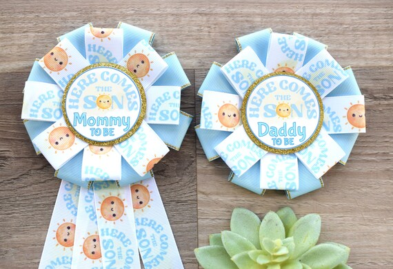 Here Come The Son Baby Shower, Neutral Yellow Ivory Maternity Sash, Mommy To Be Ribbon Badge Pin, Daddy To Be Pin, Here Come The Sun