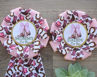 Cowgirl Baby Shower, Pink Girl Cowboy Mommy To Be Ribbon Pin, Daddy To Be Pin, Pink Brown Horse Corsage Pin