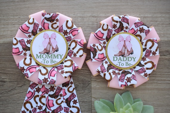 Cowgirl Baby Shower, Pink Girl Cowboy Mommy To Be Ribbon Pin, Daddy To Be Pin, Pink Brown Horse Corsage Pin
