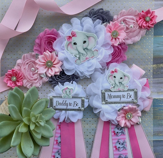 Girl Elephant Baby Shower, Girl Pink Elephant Maternity Sash, Girl Mommy To Be Ribbon, Elephant Daddy To Be Pin, Baby Shower Gift, Custom