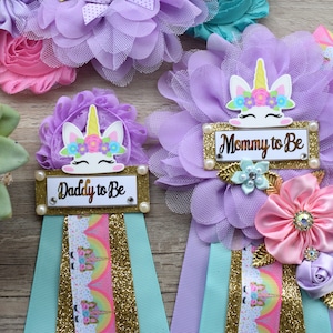 Unicorn Baby Shower, Unicorn Maternity Sash, Unicorn Mommy To Be Ribbon, Daddy To Be Pin, Purple Aqua Pink Sash, Unicorn Baby Shower