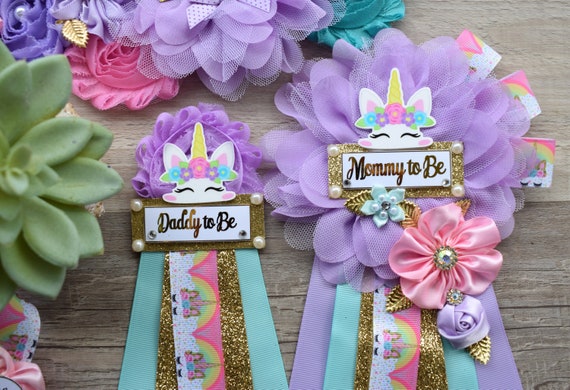 Unicorn Baby Shower, Unicorn Maternity Sash, Unicorn Mommy To Be Ribbon, Daddy To Be Pin, Purple Aqua Pink Sash, Unicorn Baby Shower