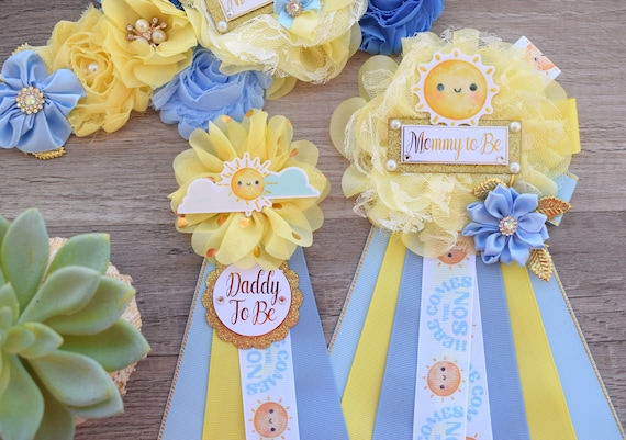 Here Come The Son Baby Shower, Neutral Yellow Ivory Maternity Sash, Mommy To Be Ribbon Badge Pin, Daddy To Be Pin, Here Come The Sun