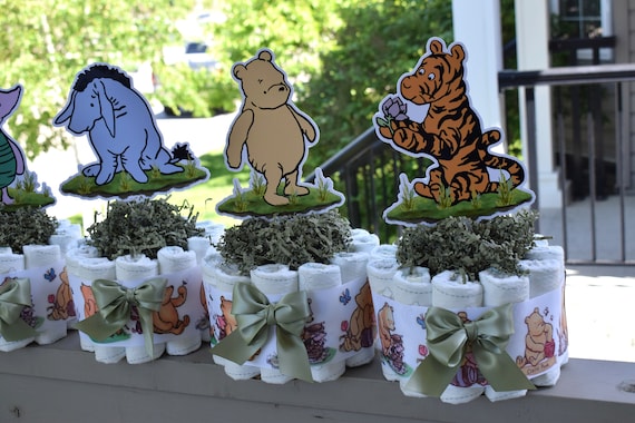 Classic Winnie The Pooh Mini Diaper Cake Baby Shower, Centerpieces Decoration, Piglet Tiger Eeyore Baby Shower II Set of 4 Mini Diaper Cakes
