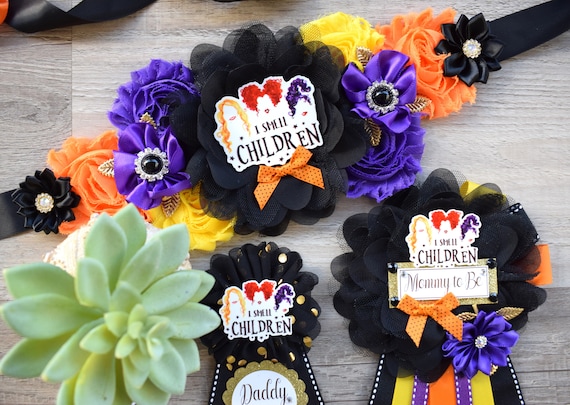 Halloween Baby Shower, Comedy/Horror Halloween Baby Shower, Mommy To Be Ribbon, Daddy To Be Pin, Baby Shower Gift