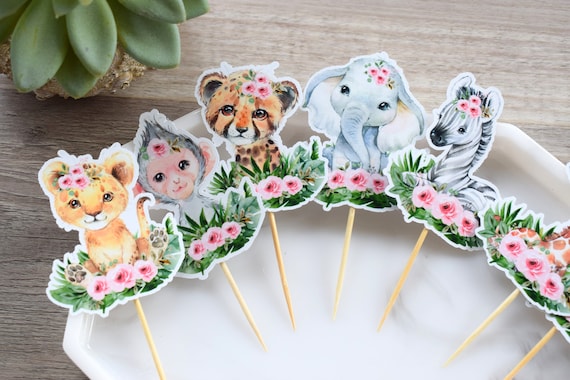 12 Safari Cupcake Toppers, Baby Shower, Party, Cupcake, Giraffe Zebra Elephant Tiger, Baby Shower Decorations, Custom - S0002