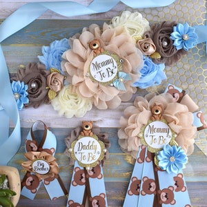 Blue Bear Baby Shower, Teddy Bear Blue Flower Sash, Teddy Bear Corsage Pin, Bear Mommy To Be, Bear Daddy To Be, Bear Baby Shower, Custom