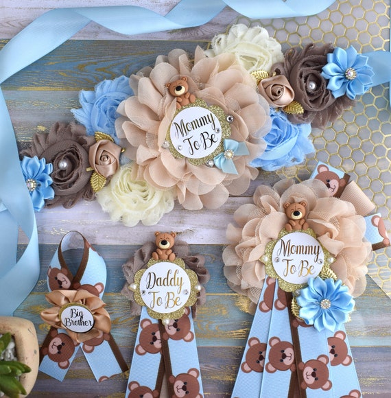 Blue Bear Baby Shower, Teddy Bear Blue Flower Sash, Teddy Bear Corsage Pin, Bear Mommy To Be, Bear Daddy To Be, Bear Baby Shower, Custom