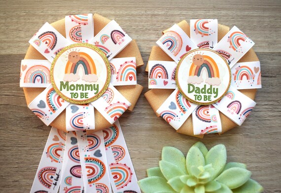 Rainbow Maternity Sash, Multicolored Parent Pins, Rainbow Mommy To Be Ribbon Pin, Rainbow Daddy to Be Pin