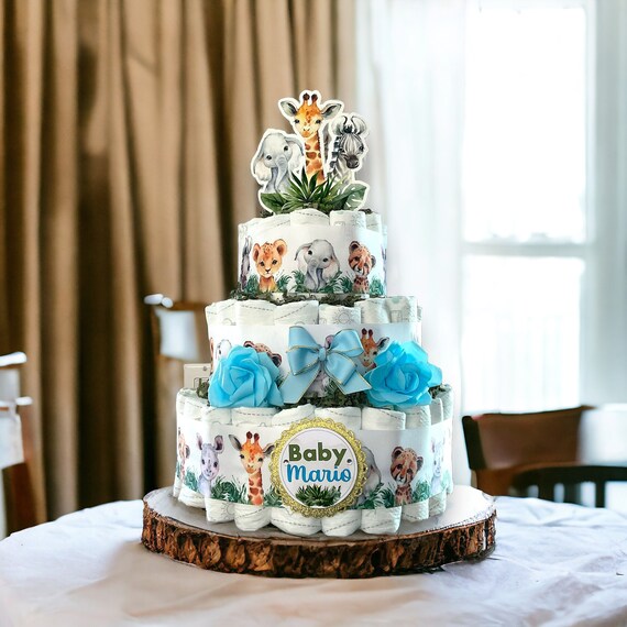 Animal Safari Diaper Cake Baby Shower, 3 Tier Diaper Cake Centerpieces Decor, Jungle Safari, Room Nursery Decor, New Mom Gifts - S0001