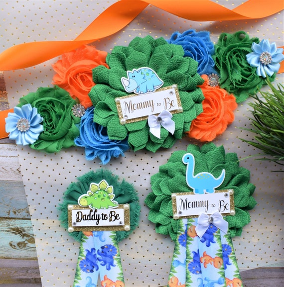 Dinosaur Baby Shower, Dinosaur Corsage Pin Set, Dinosaur Mommy to Be, Dinosaur Daddy to Be, Mamasaurus, Dinosaur Orange Green Blue, Custom