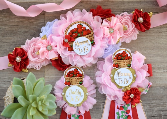 Strawberry Baby Shower, Girl Red Stawberry Maternity Sash, Mommy To Be Ribbon Pin, Daddy To Be Pin, Fruit Baby Shower, Custom