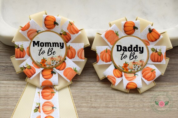Pumpkin Baby Shower, Neutral Mommy To Be Ribbon Pin, Pumpkin Daddy To Be Pin, Big Sister Pin, Big Brother Pin
