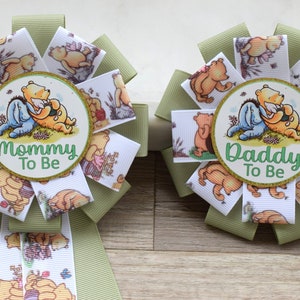 Classic Winnie The Pooh Baby Shower, Winnie the Pooh Mommy To Be Ribbon, Daddy To Be Pin, Winnie the Pooh Family Pins