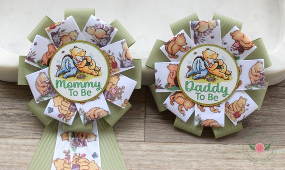 Classic Winnie The Pooh Baby Shower, Winnie the Pooh Mommy To Be Ribbon, Daddy To Be Pin, Winnie the Pooh Family Pins