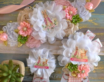 Girl Rabbit Baby Shower, Maternity Sash, Girl Rabbit Mommy to Be Pin, Pink Green Rabbit Shower, Rabbit Mommy Corsage Pin