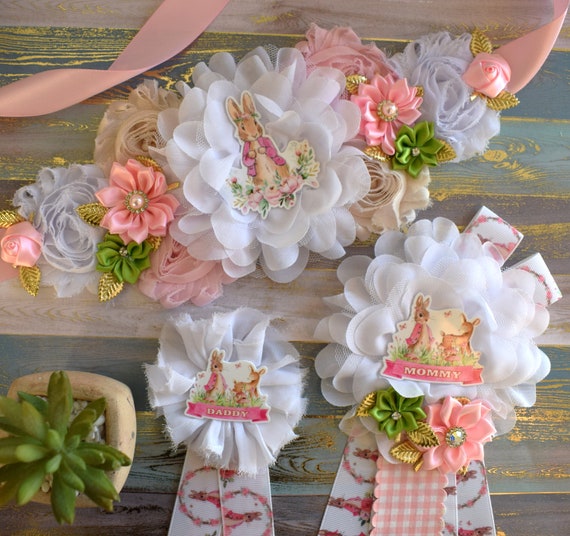 Girl Rabbit Baby Shower, Maternity Sash, Girl Rabbit Mommy to Be Pin, Pink Green Rabbit Shower, Rabbit Mommy Corsage Pin