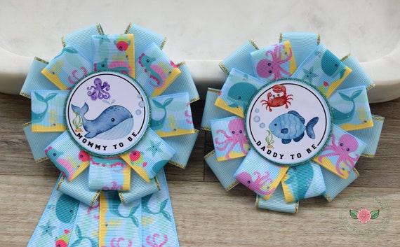 Under The Sea Baby Shower, Turtle Octopus Starfish Aqua Blue Mommy To Be Ribbon Pin, Under The Sea Daddy To Be Badge