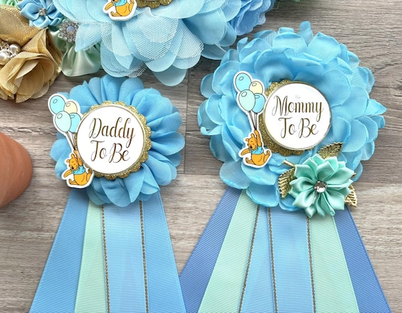 Blue Winnie the Pooh Baby Shower Set, Winnie Maternity Sash, Mommy To Be Pin, Daddy To Be Pin, Baby Shower Gift, Custom Order Welcome