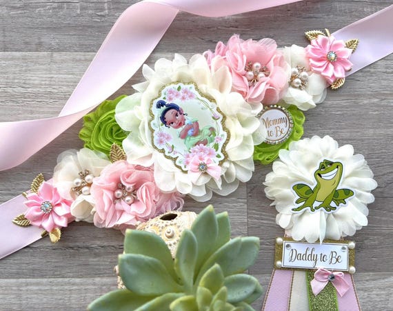 Princess and the Frog Baby Shower Set, Tiana Maternity Sash, Mommy To Be Ribbon Pin, Daddy To Be Pin, Custom Order Welcome