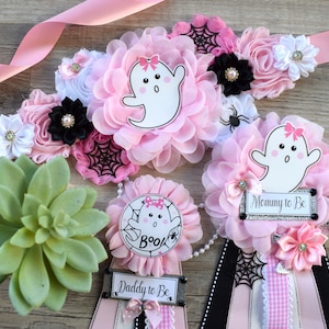 Girl Pink Ghost Halloween Baby Shower, Pink Maternity Sash, Mommy To Be Ribbon, Daddy To Be Pin, Halloween Baby Shower Gift, Custom