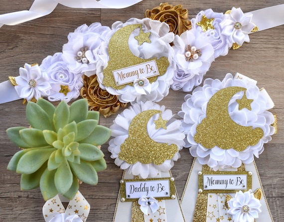 Twinkle Twinkle Little Star Baby Shower, Gender Reveal Maternity Sash, White Gold Twinkle Star Mommy To Be Pin, Twinkle Star Daddy To Be Pin