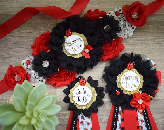 Ladybug Baby Shower, Lady Bug Maternity Sash, Bug Mommy To Be Pin, Red Black Daddy To Be Pin, Baby Shower Gift, Custom