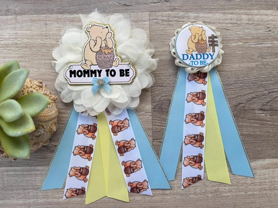 Classic Winnie Baby Shower, Mom To Be Sash & Pins, Daddy To Be, Family Pins, Winnie Theme, Mommy To Be Ribbon, Mom To Be Gift