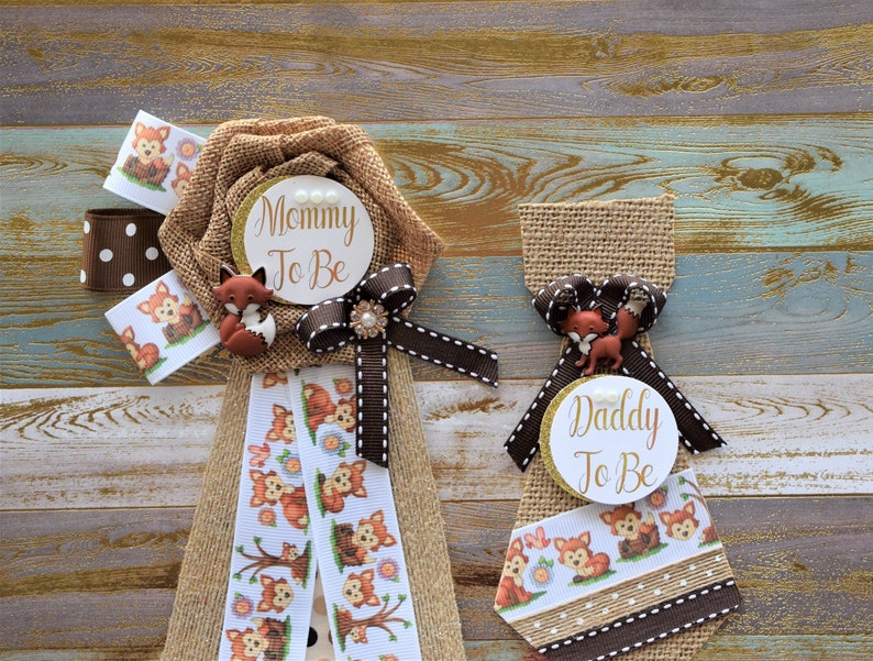 Fox Woodland Corsage Pin and Sash Set Woodland Woodland Pin Fox Corsage Pin Fox Shower Woodland Flower Sash Woodland Fox Baby Shower