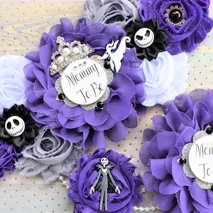 NMBC Baby Shower, Halloween Baby Shower, Purple Flower Sash, Purple Black Maternity Sash, Mommy To Be Pin, Daddy To Be