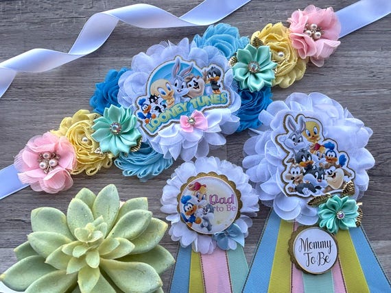 Gender Reveal Looney Baby Shower Set, Blue Aqua Yellow Maternity Sash, Mommy To Be Pin, Daddy To Be Pin, Custom Order Welcome