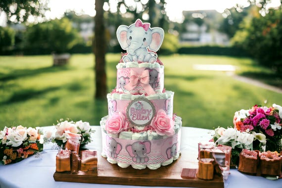 Pink Elephant Diaper Cake Baby Shower, Girl Pink Elephant 3 Tier Diaper Cake Centerpieces Decor, Room Nursery Decor, New Mom Gifts - S00019
