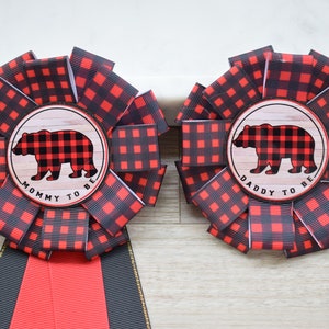 Mama Bear Baby Shower, Buffalo Plaid Mommy Bear, Papa Bear Pin, Lumberjack Mommy To Be Ribbon, Daddy To Be Pin, Red Black Buffalo Plaid
