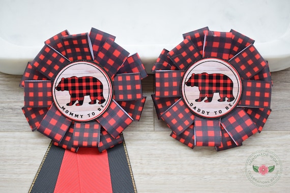 Mama Bear Baby Shower, Buffalo Plaid Mommy Bear, Papa Bear Pin, Lumberjack Mommy To Be Ribbon, Daddy To Be Pin, Red Black Buffalo Plaid