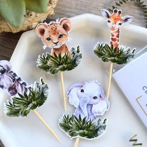 12 Safari Cupcake Toppers, Baby Shower, Party, Cupcake, Giraffe Zebra Elephant Tiger, Baby Shower Decorations - S0001