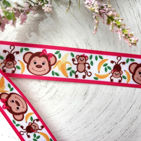 Girl Monkey Safari Grosgrain Ribbon, Diaper Cake Ribbon, Pink Monkey Ribbon || 3 Yards of Ribbon - 1" (25mm)