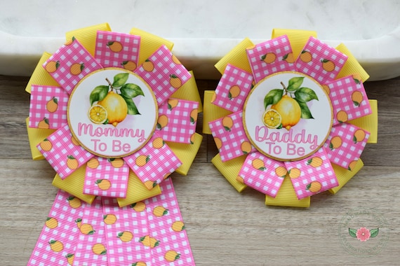 Girl Lemon Baby Shower, Lemon Fruit Mommy To Be Ribbon Pin, Girl Lemon Daddy To Be Ribbon
