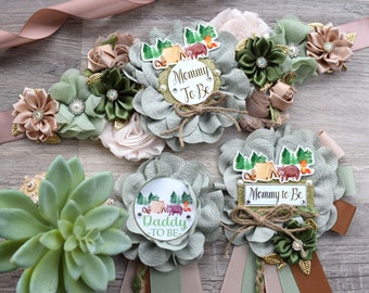 Fox Woodland Baby Shower, Sage Green Fox Woodland Maternity Sash, Fox Mommy To Be Corsage Pin, Woodland Daddy To Be Pin, Fox Woodland Shower