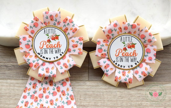A Little Peach Baby Shower, Peach Mommy To Be Ribbon Pin, Fruit Peach Daddy To Be Pin, A Little Cutie Coral Corsage Pin